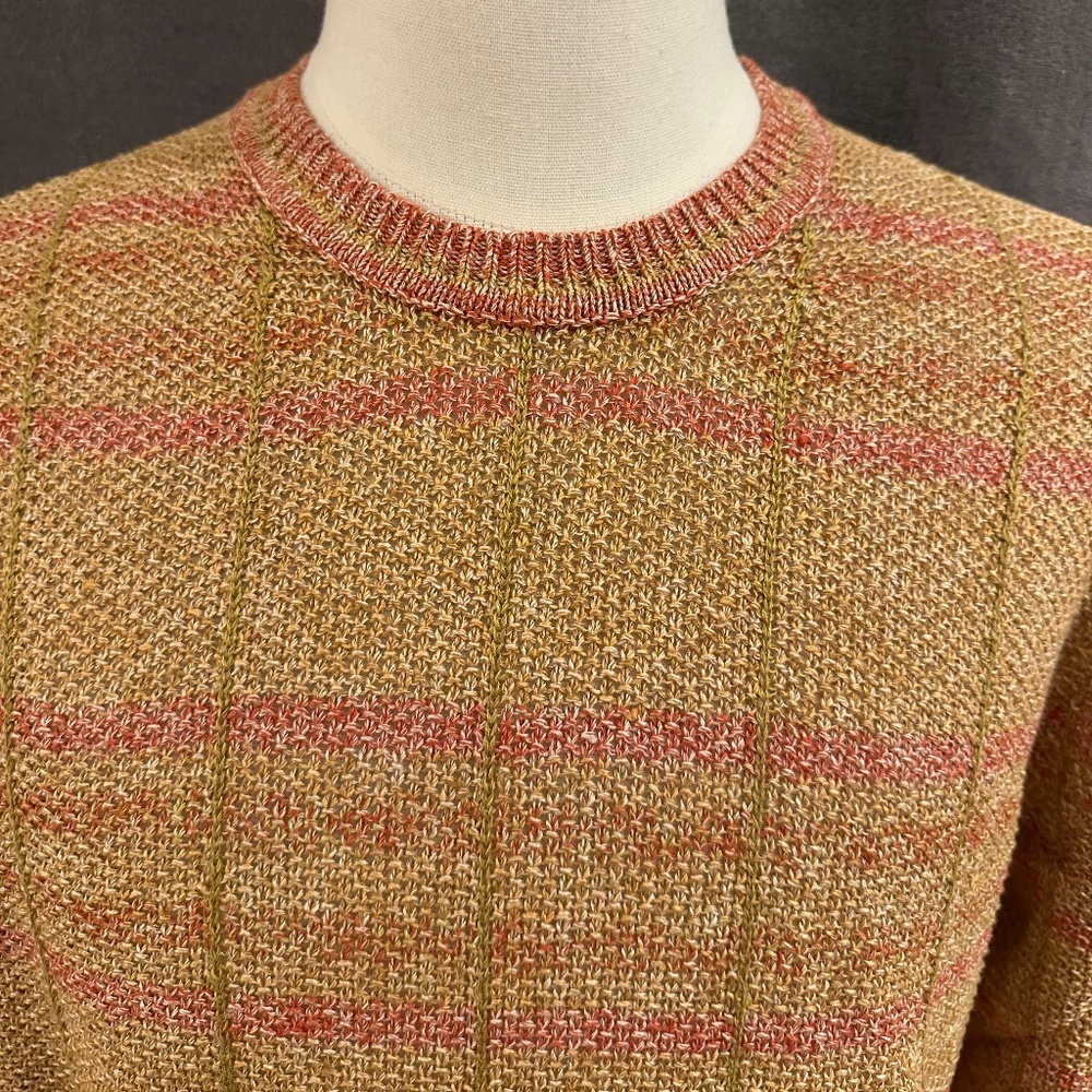 New Henry Jacobson, size Lg, gold ground plaid, 100% linen crew neck sweater